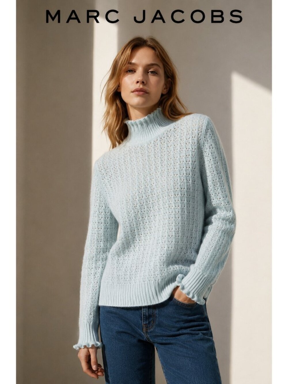 Marc Jacobs 100% Cashmere Pale Green Ruffle Turtleneck Sweater Women's XS Soft